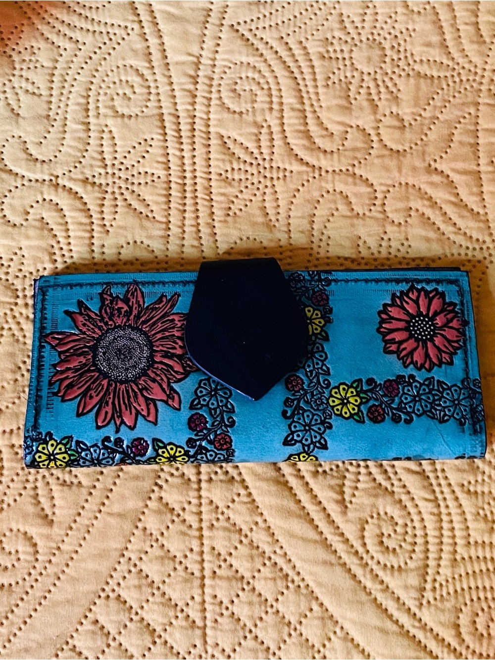 Hand Tooled Artesanal Turquoise Floral Sunflower Leather Wallet